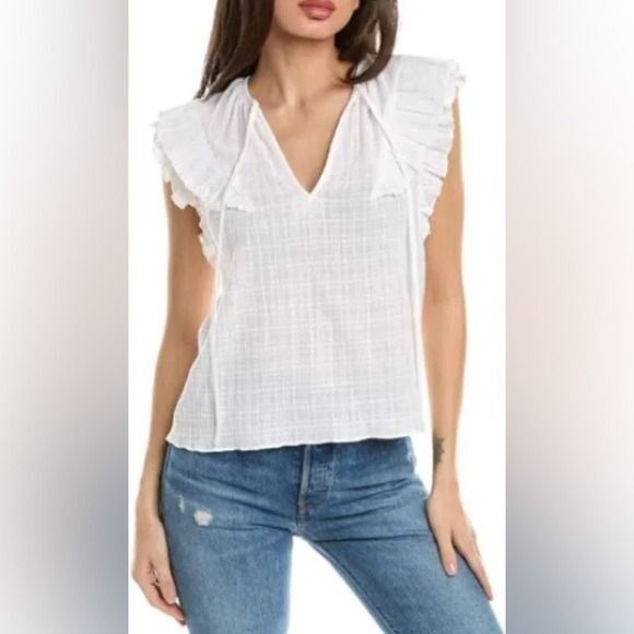 Ramy Brook London Flutter Sleeve Blouse Ivory White Cotton - Picture 3 of 11